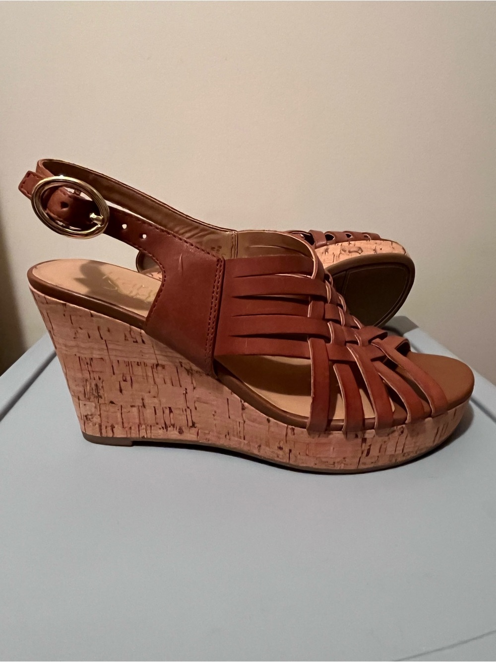 Franco Sarto Women’s Brown Leather Wedge Open Toe Ankle Strap Sandals US 6.5